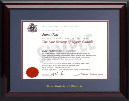 (#1 BLUE) Law Degree (11x16H)- Wood frame with glossy mahogany finish, blue and maroon double mat board and gold embossing